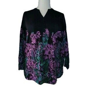 NEW Collections Etc L Paisley Pintuck Long Sleeve Light Cotton Top Multicolor